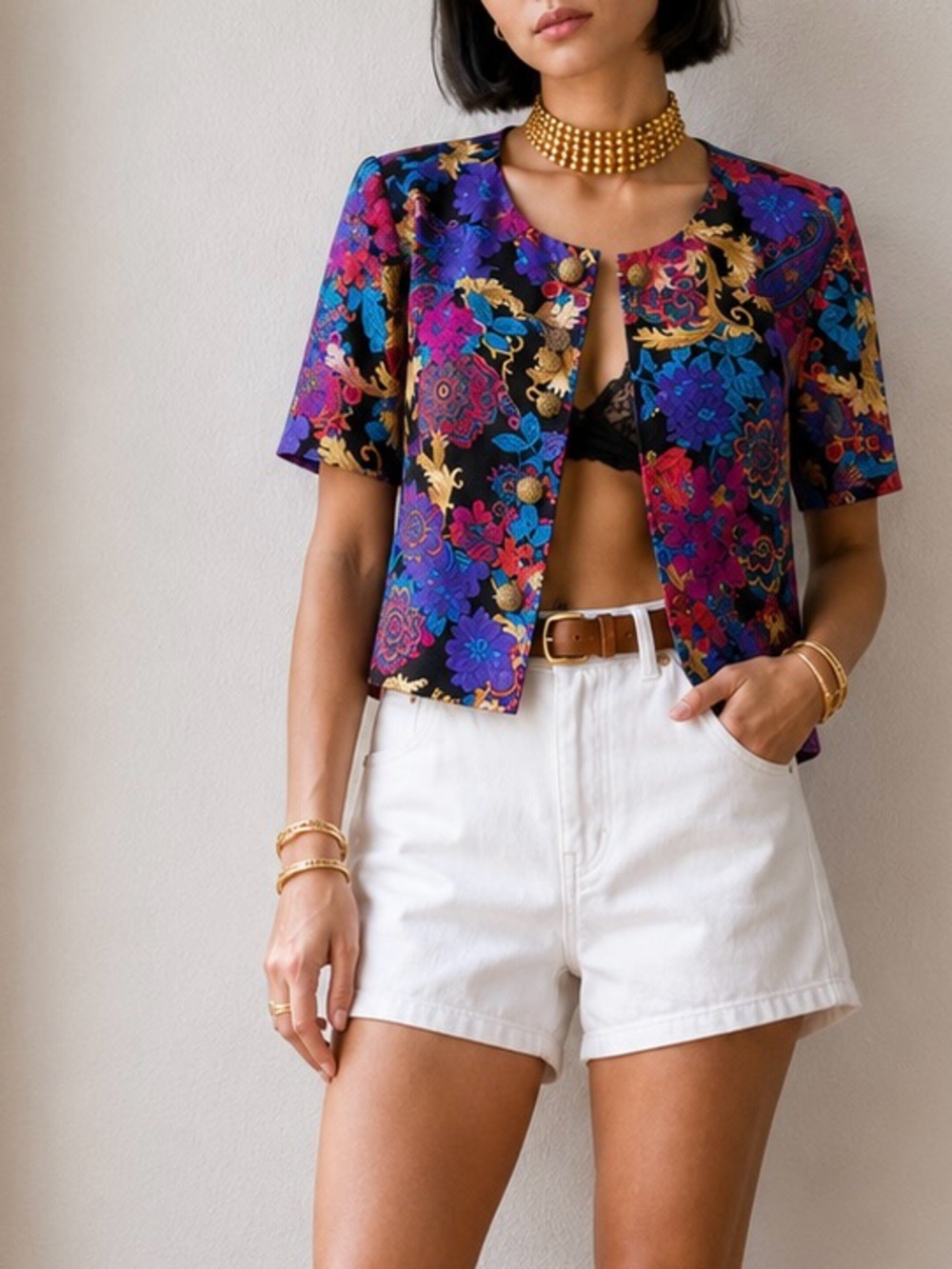 Vintage 90s Norton McNaughton Petites Baroque Floral Cropped Jacket Top